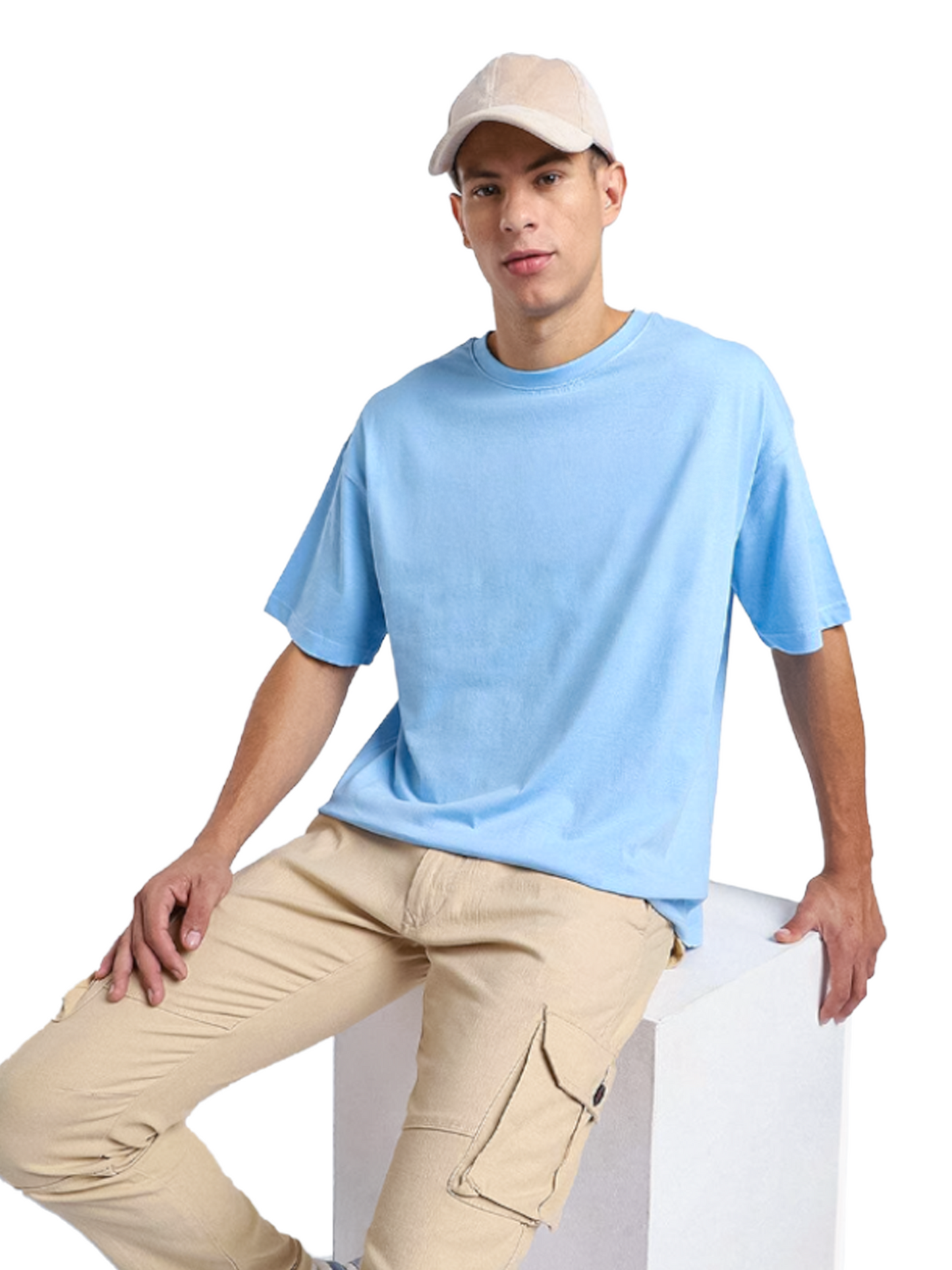 BLUE OVERSIZED COTTON SOLID T-SHIRT