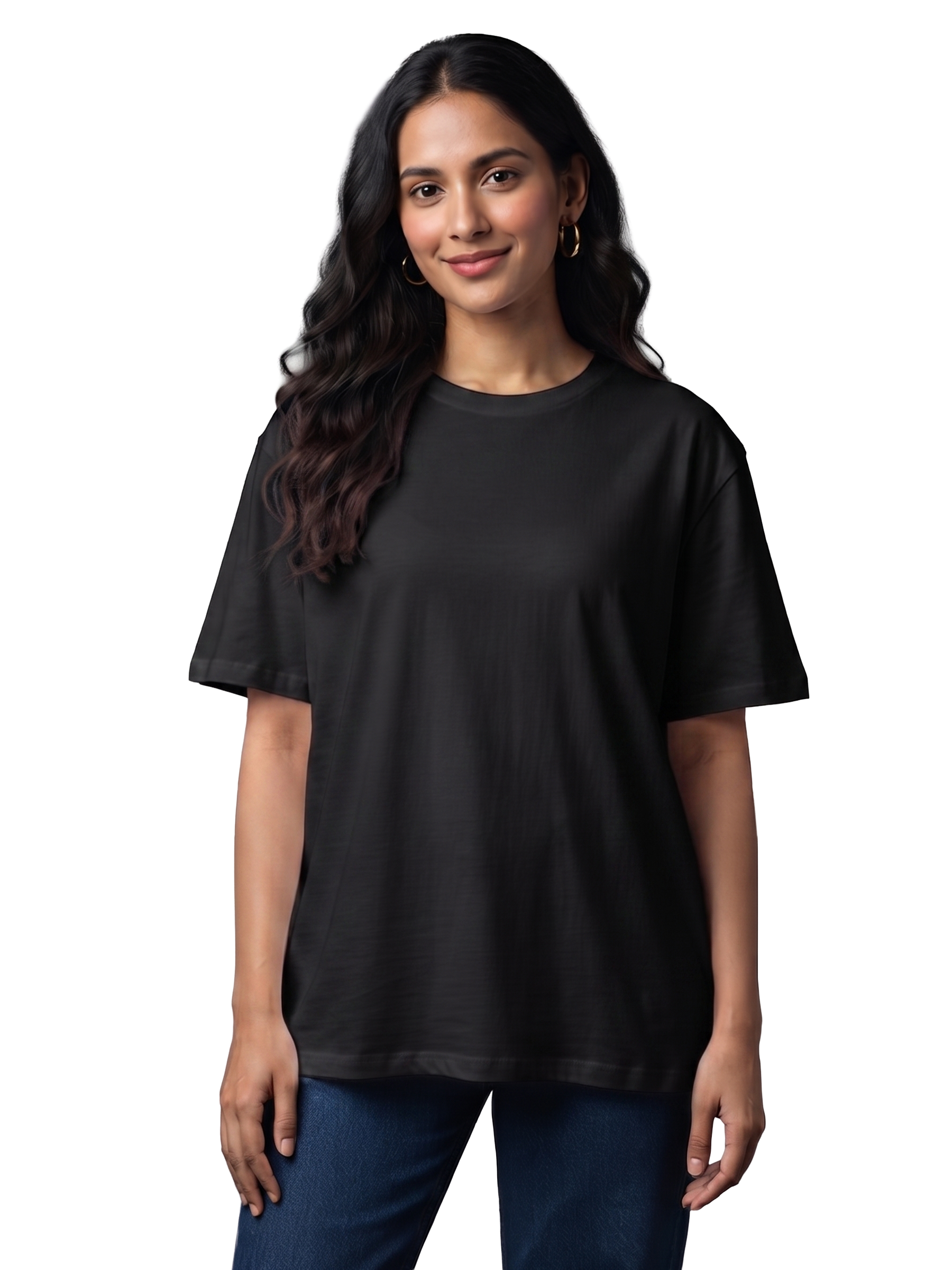 WOMEN'S BLACK OVERSIZED COTTON SOLID T-SHIRT