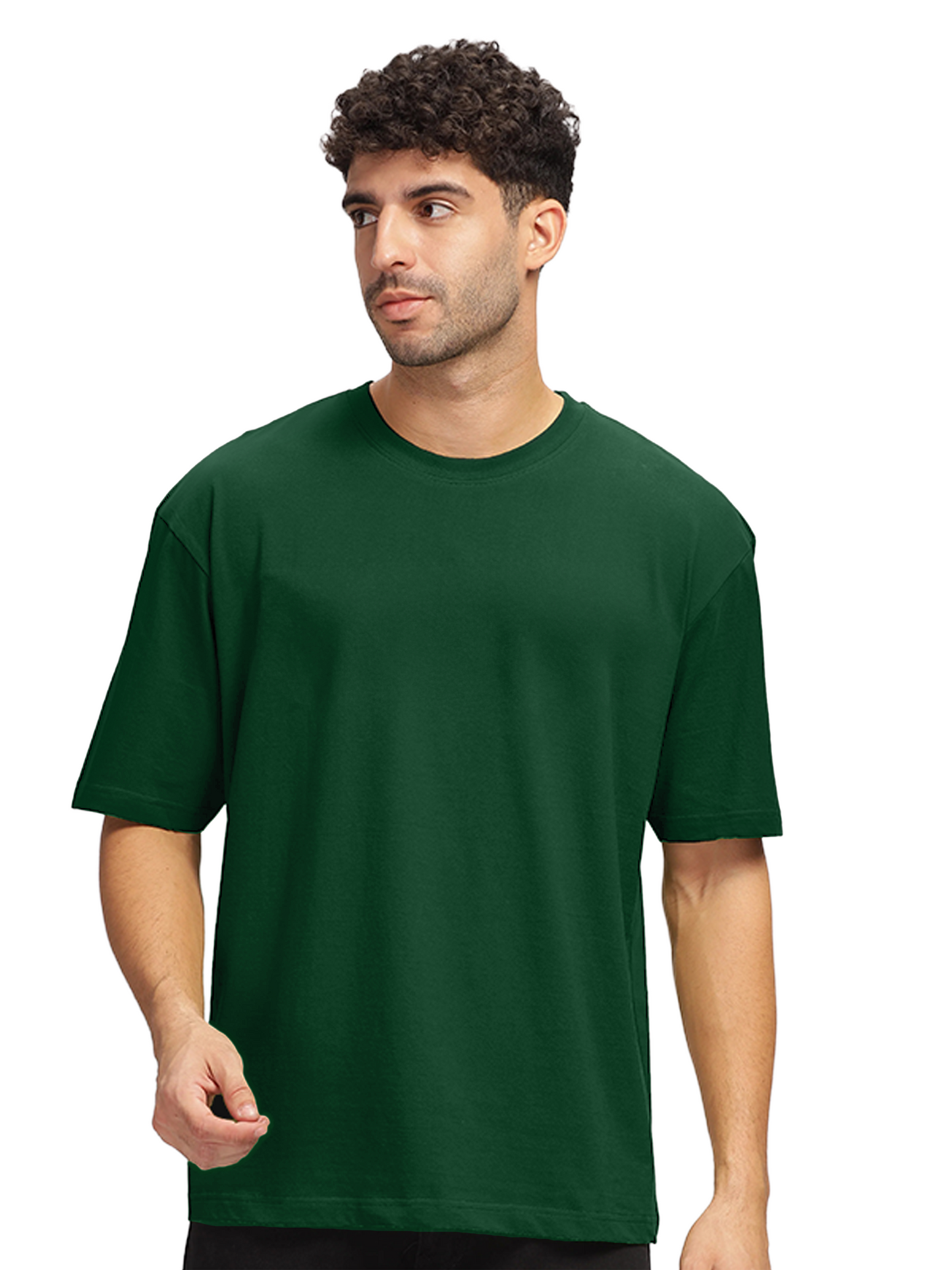 BOTTLE GREEN OVERSIZED COTTON SOLID T-SHIRT