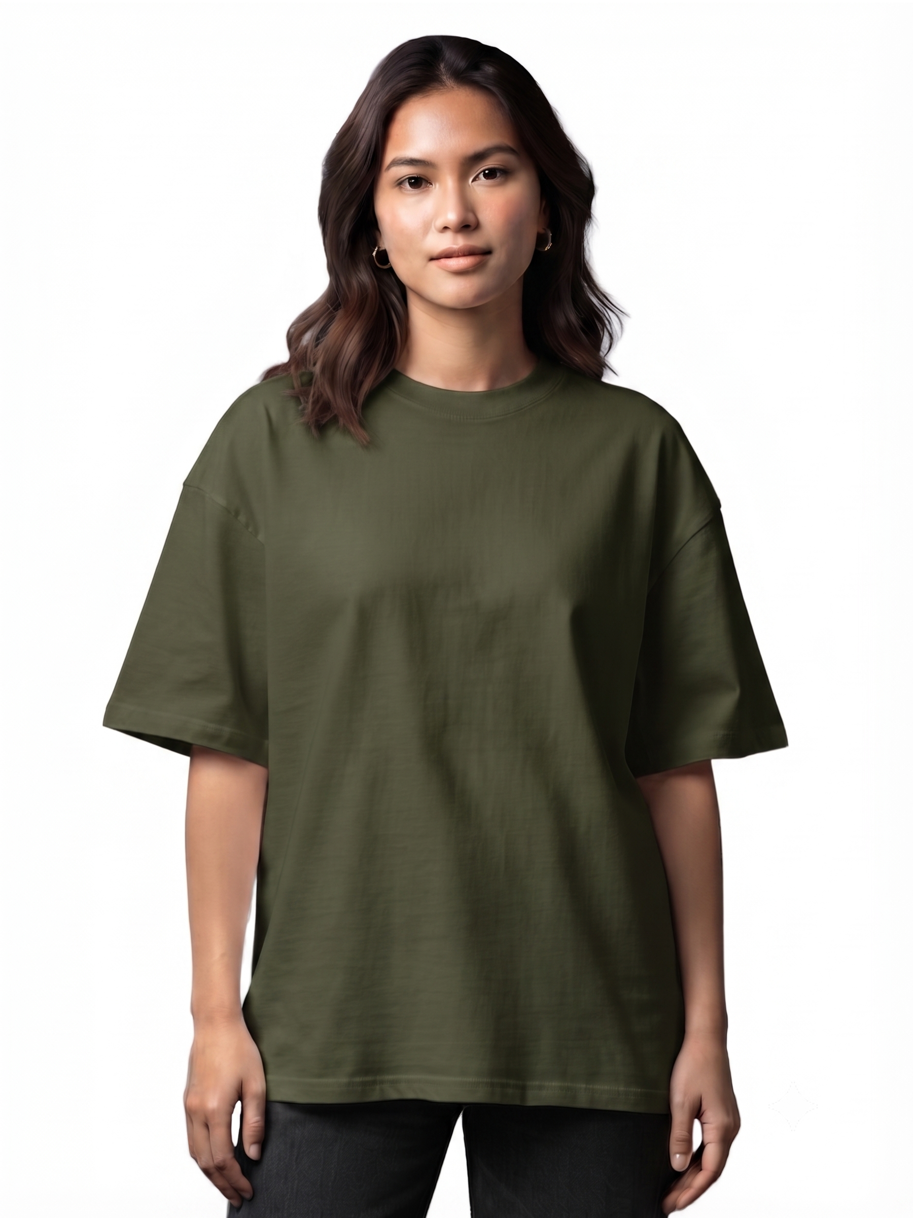 WOMEN'S OLIVE GREEN OVERSIZED COTTON SOLID T-SHIRT