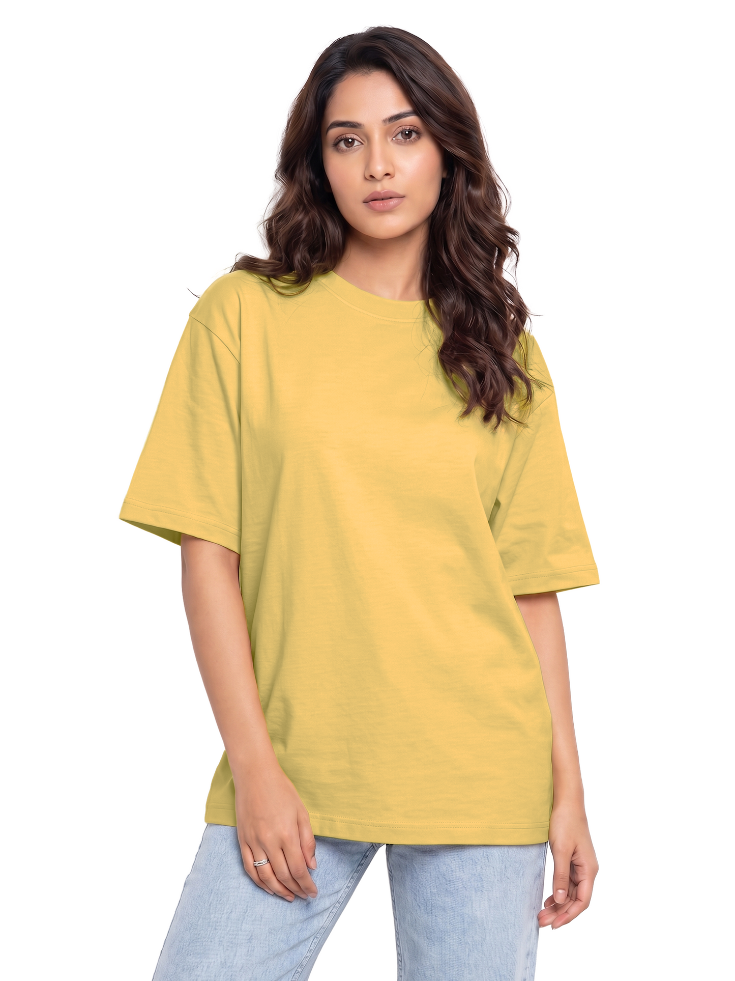 WOMEN'S BEIGE OVERSIZED COTTON SOLID T-SHIRT