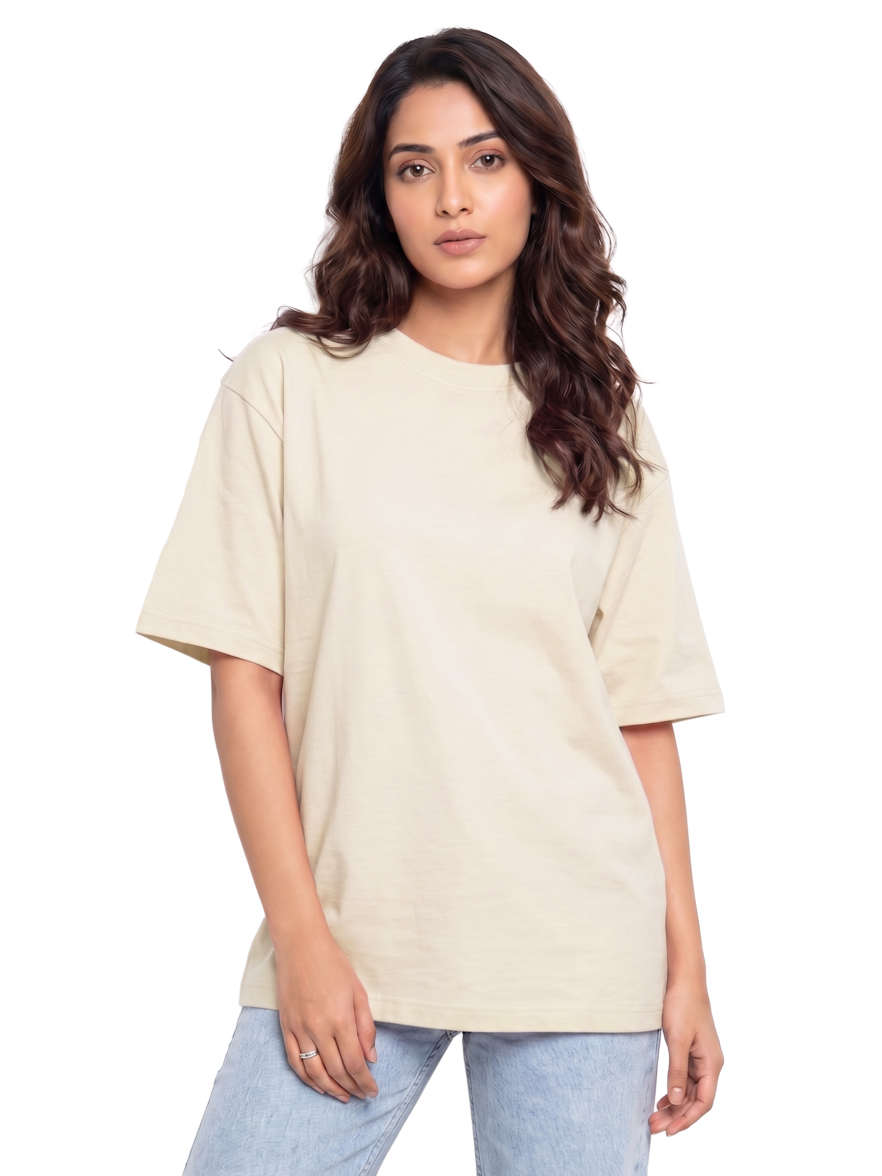WOMEN'S OFF WHITE OVERSIZED COTTON SOLID T-SHIRT