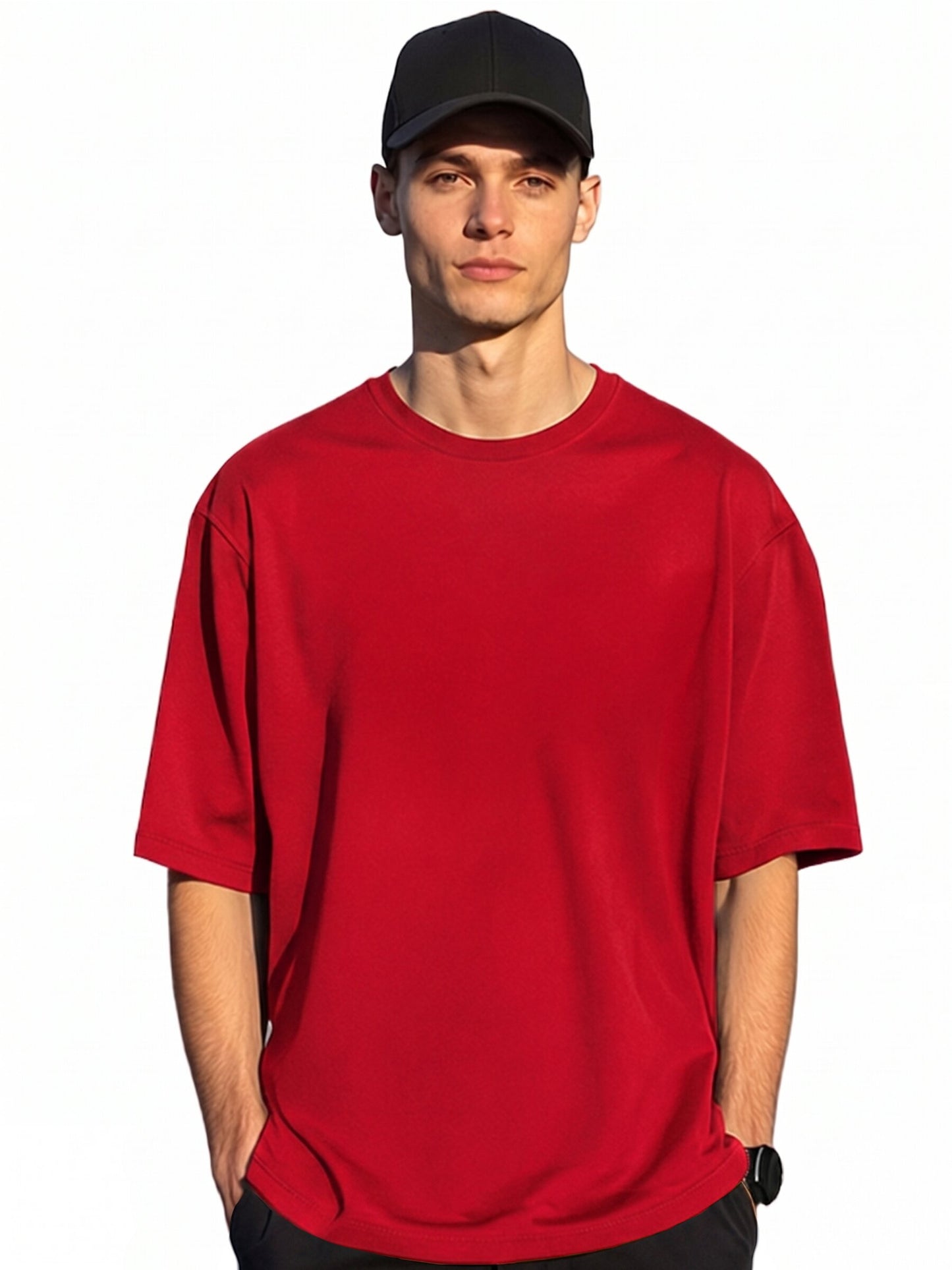 RED OVERSIZED COTTON SOLID T-SHIRT